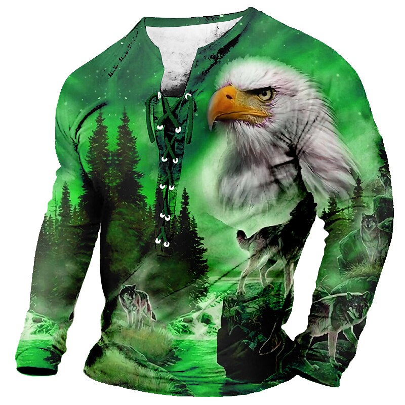 Eagle And Wolves Casual Mens 3D Shirt For | Green Winter Polyester | Men'S Tee Graphic Animal Collar Clothing Apparel 3D Print Daily Long Sleeve Lace Up Fashion Designer2