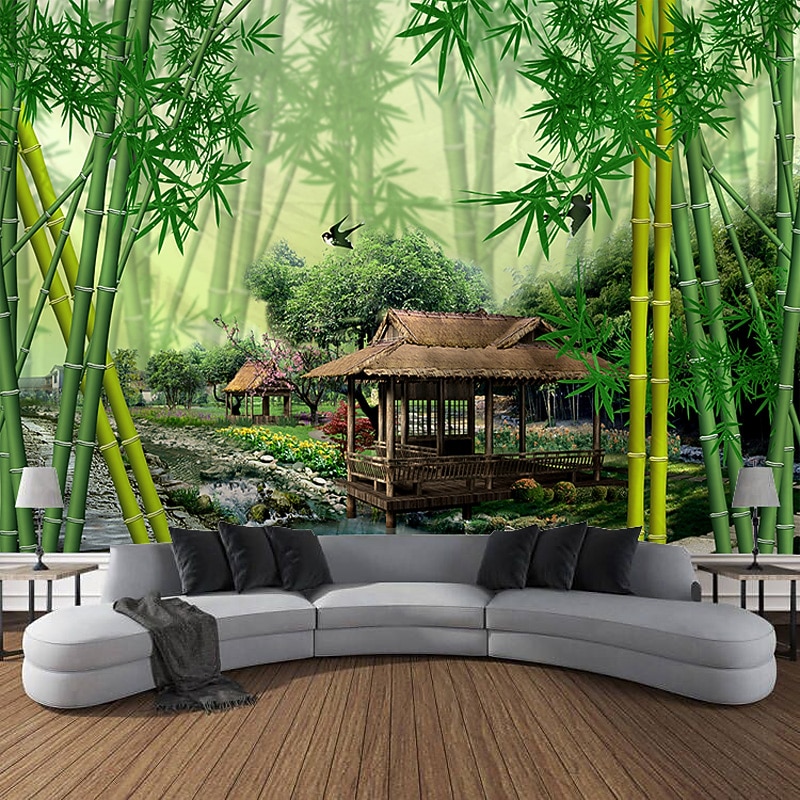 Beautiful Green Wall Tapestry Bamboo Wooden Bridge Plants Natural Scenery Art Decoration Carpet Curtain Hanging Home Bedroom Living Room Decoration