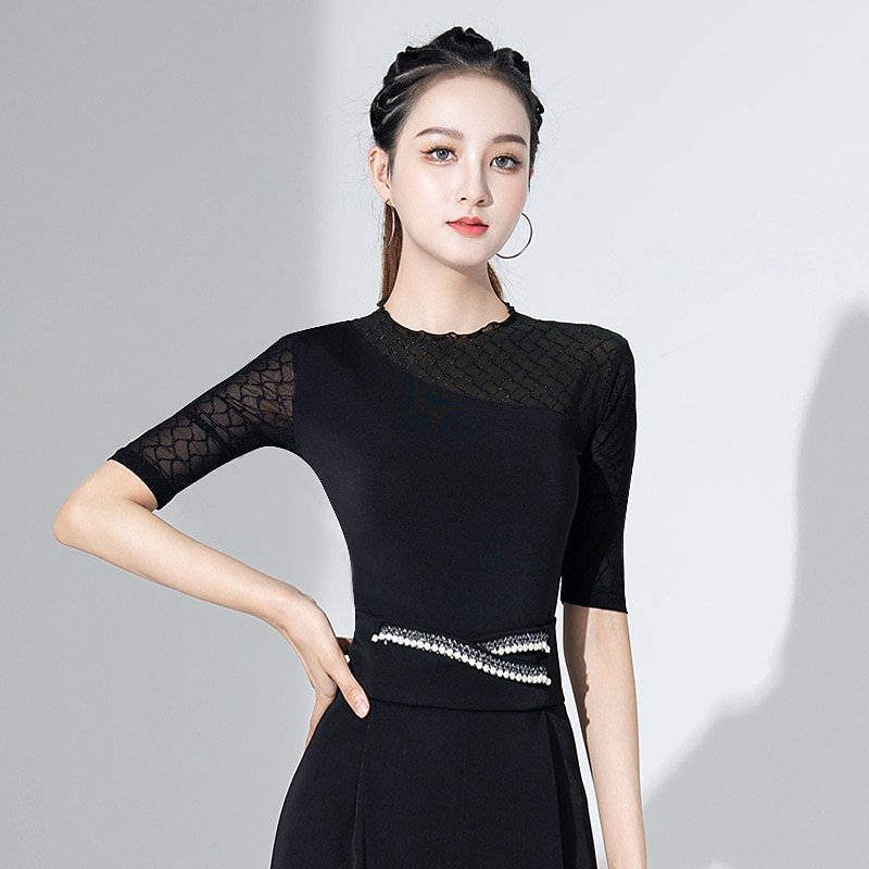 Latin Dance Ballroom Dance Top Printing Ruching Pure Color Women's Performance Training Half Sleeve High Polyester3