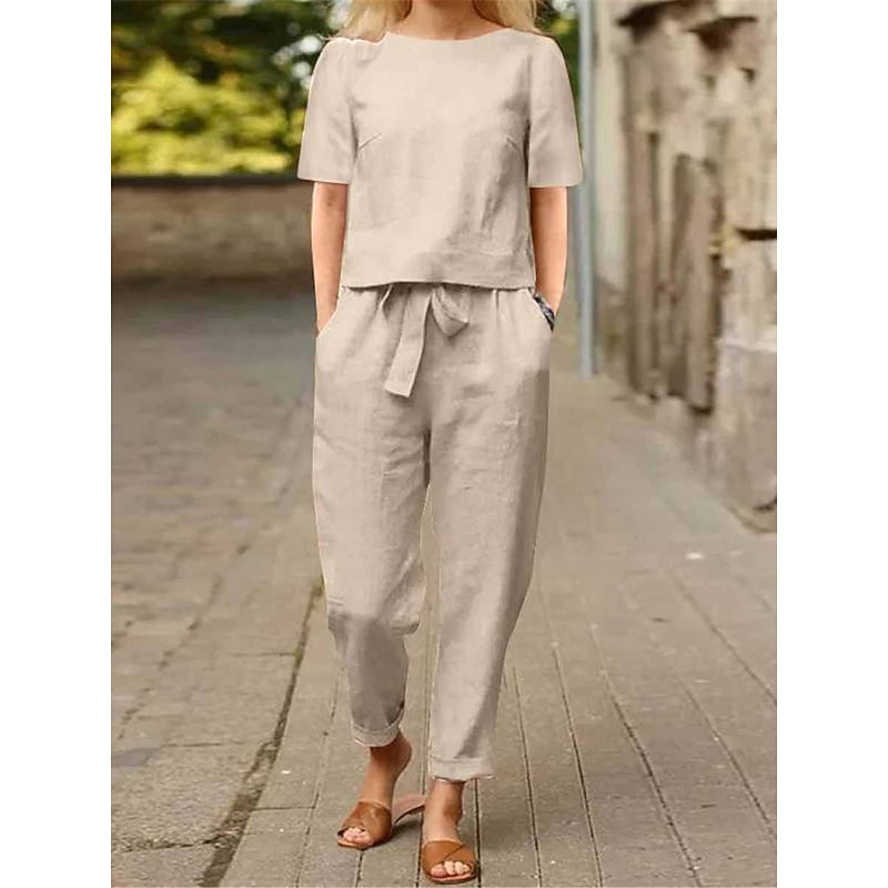 Women's Loungewear Two Piece Sets Fashion Simple Casual Pure Color Pocket Cotton Linen Sets T Shirt Pant Street Date Airport Half Sleeve Crew Neck Army Green Orange Khaki Dark Blue Summer Spring2