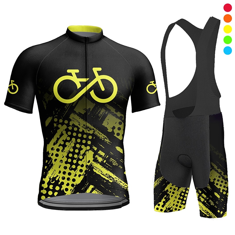 Men's Cycling Jersey with Bib Shorts Short Sleeve Mountain Bike MTB Road Bike Cycling Yellow Orange Dark Blue Graphic Bike Clothing Suit 3D Pad Breathable Quick Dry Back Pocket Polyester Spandex