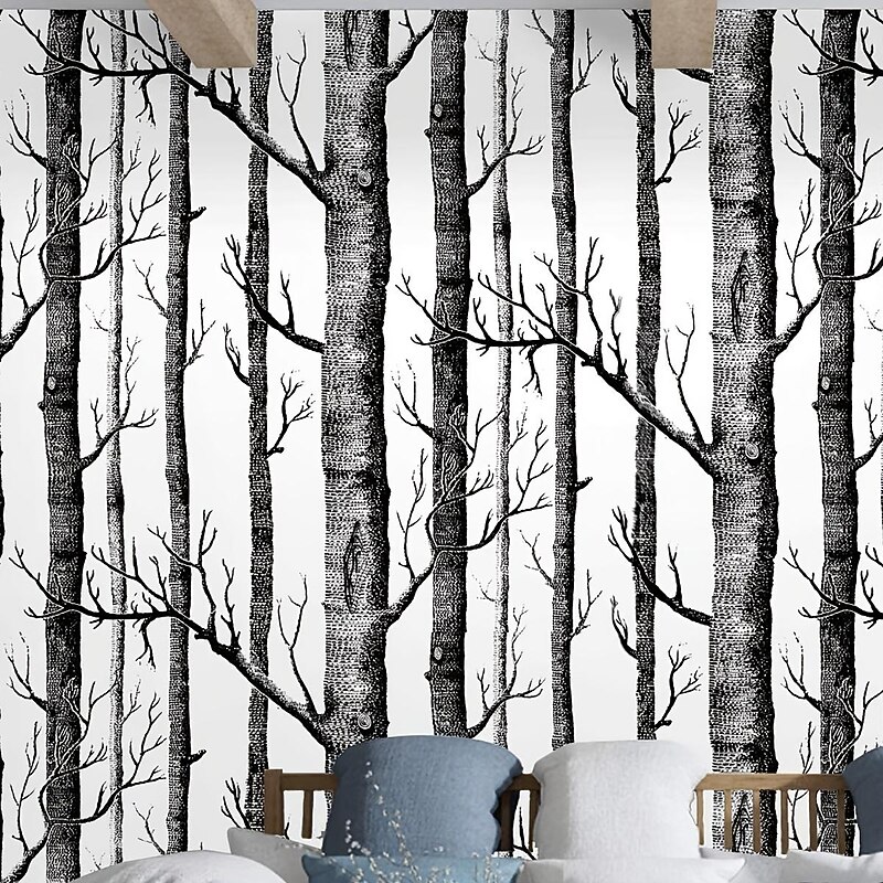 Cool Wallpapers 1pc Birch Tree Wallpaper Black and White Peel and Stick Wall Mural Wall Sticker Self-Adhesive PVC For Home Decor Cabinet Table Chair Room Backdrop Renovation 45cmx600cm/17.7