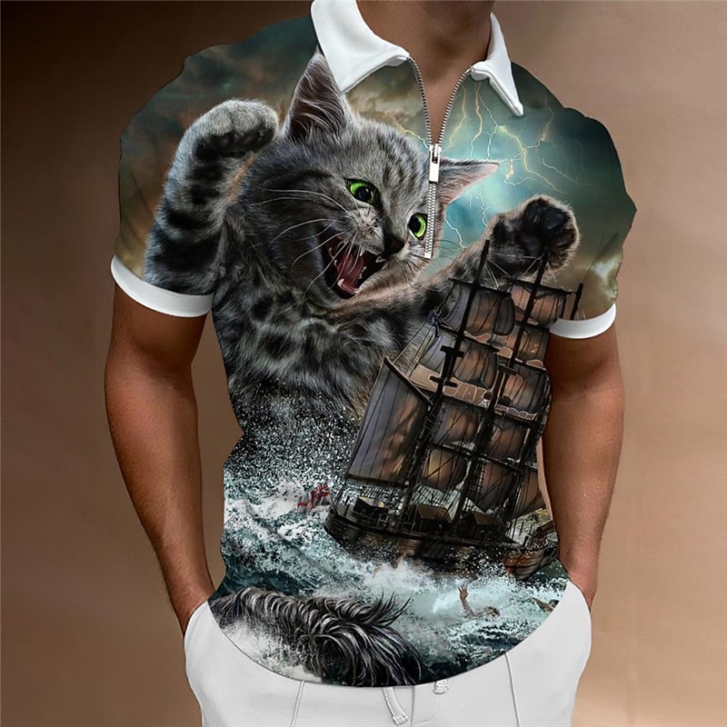 Men's Tiger Zip Polo Shirts Golf Shirt Short Sleeve Polo Shirts Collared Shirts Casual Funny Streetwear Vacation Wear Party Outfits 3D Print Quarter Zip Polo Yellow Pink Royal Blue