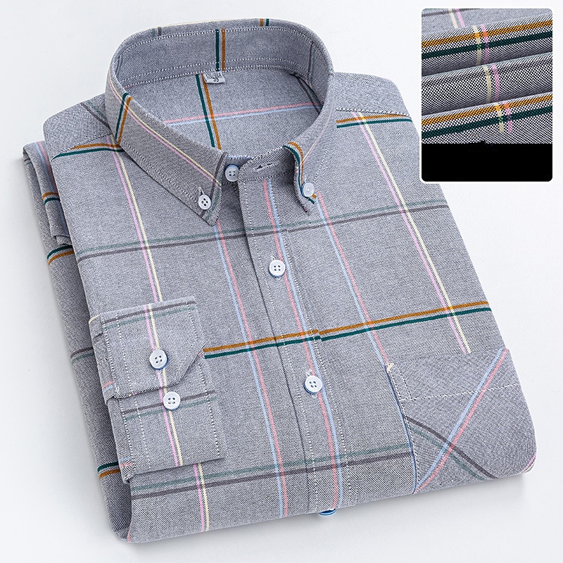 Men's Dress Shirt Button Down Shirt Oxford Shirt Plaid Wedding Office / Career Light Pink Light Blue White Yellow Long Sleeve Button Down Collar Spring &  Fall Clothing Apparel Front Pocket3