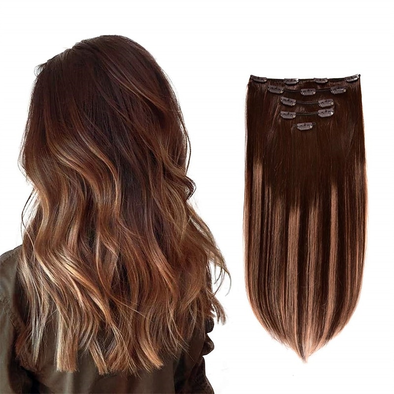 5 Pieces 14 Remy Clip in Hair Extensions Human Hair Chocolate Brown to Honey Blonde Highlight Brown Ombre - Silky Straight Short Thick Real Hair Extensions for Women