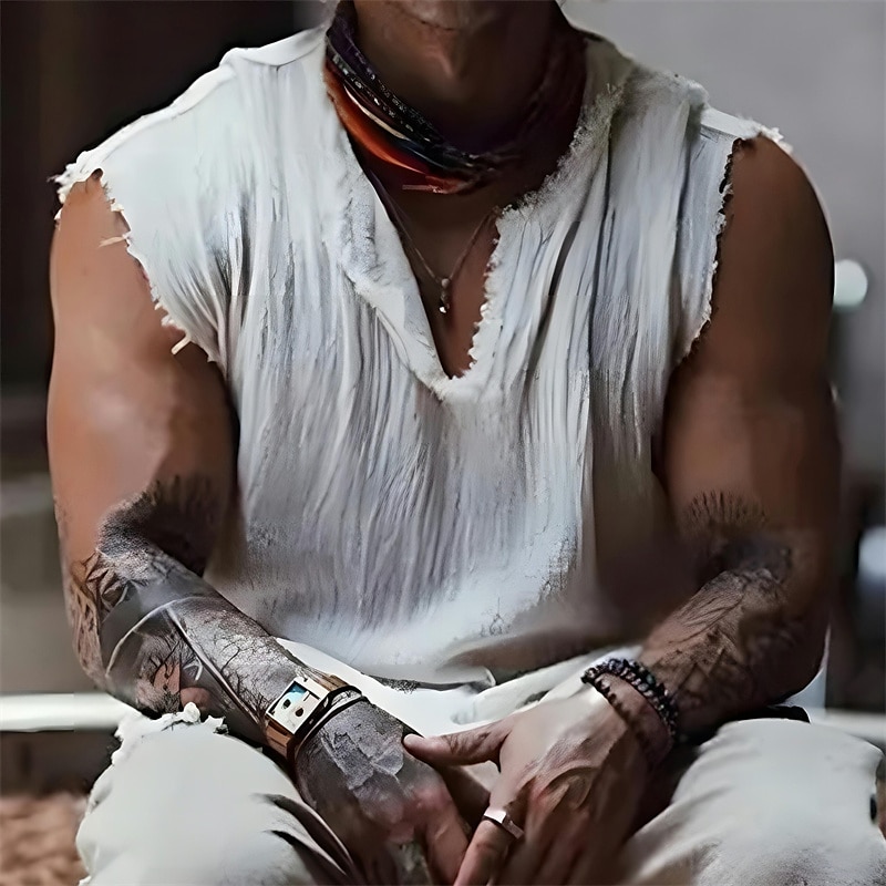 Men's Shirt Linen Shirt Viking Style Summer Shirt Beach Wear Plain Vacation Hawaiian White Wine Blue Dark Grey Sleeveless V Neck Summer Clothing Apparel3