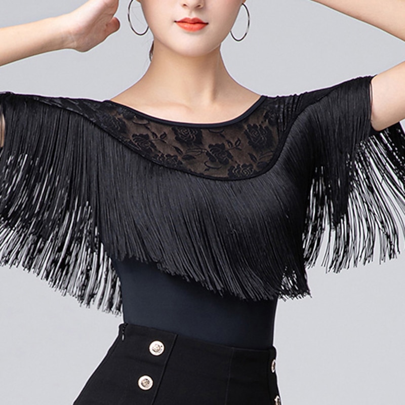 Latin Dance Activewear Top Lace Fringed Tassel Ruching Women's Performance Training Short Sleeve High Polyester2