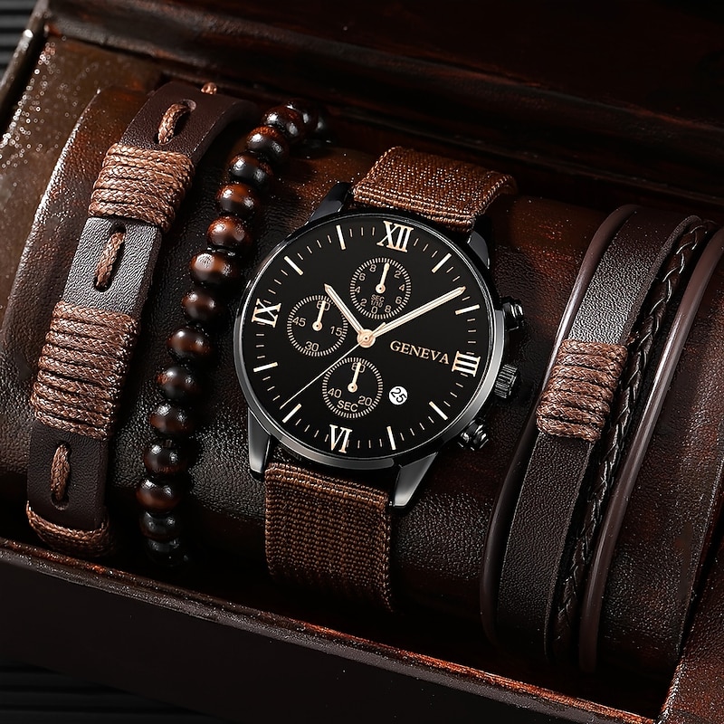 Men's 4pcs/Set Quartz Watch for Men Analog Quartz Retro Stylish Chronograph Alloy Nylon Sport Style Watches