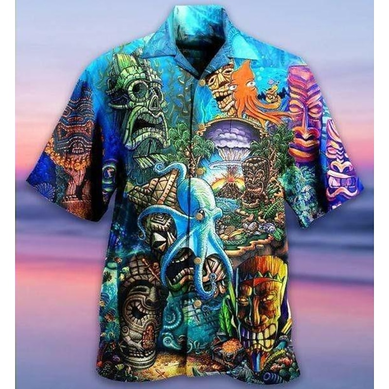 Men's Tropical Octopus Shirt Summer Hawaiian Shirt Camp Collar Shirt Short Sleeve Shirt Turndown Fashion Designer Casual Street Casual Daily Blue-Green Sea Blue Yellow S M L2