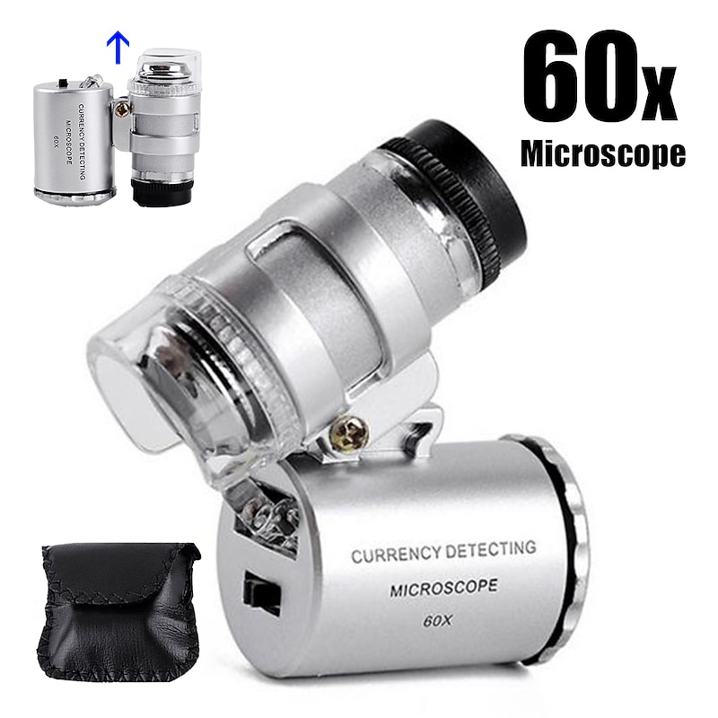 1pc 60x Portable Pocket Microscope High Magnification Jewellers Loupe Microscope Glass Jewellery Magnifier Used To Verify Banknotes With Light