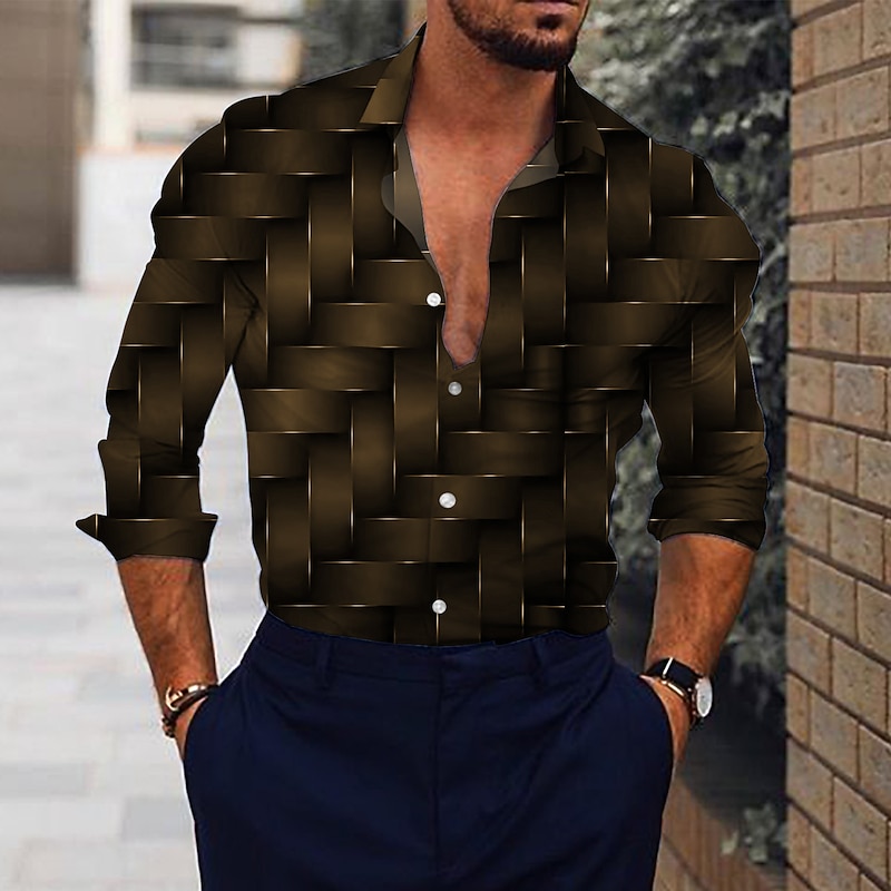 Men's Optical Illusion Shirt Button Up Shirt Long Sleeve Fashion Designer Casual Outdoor Street Casual Summer Spring Turndown Print Button-Down Black Wine Blue Brown Green3