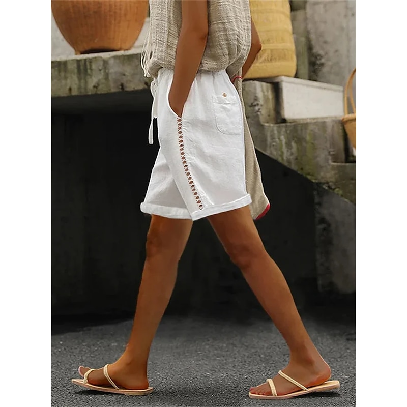 Women's Cotton Linen Shorts Wide Leg Shorts Fashion Short Plain Side Pockets Cut Out Comfort Inelastic Vacation Dark Grey White Khaki Light Grey Regular Fit2
