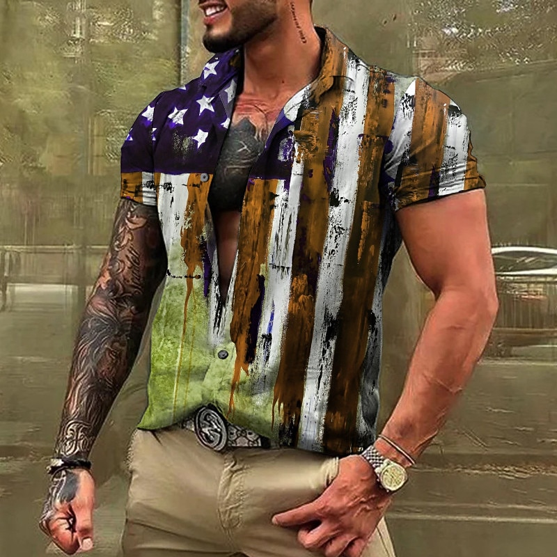 American Independence Day Men's American Flag Shirt Button Up Shirt Short Sleeve Fashion Streetwear Designer Street Daily Independence Day Summer Spring Turndown Print Red Blue Brown Gray2