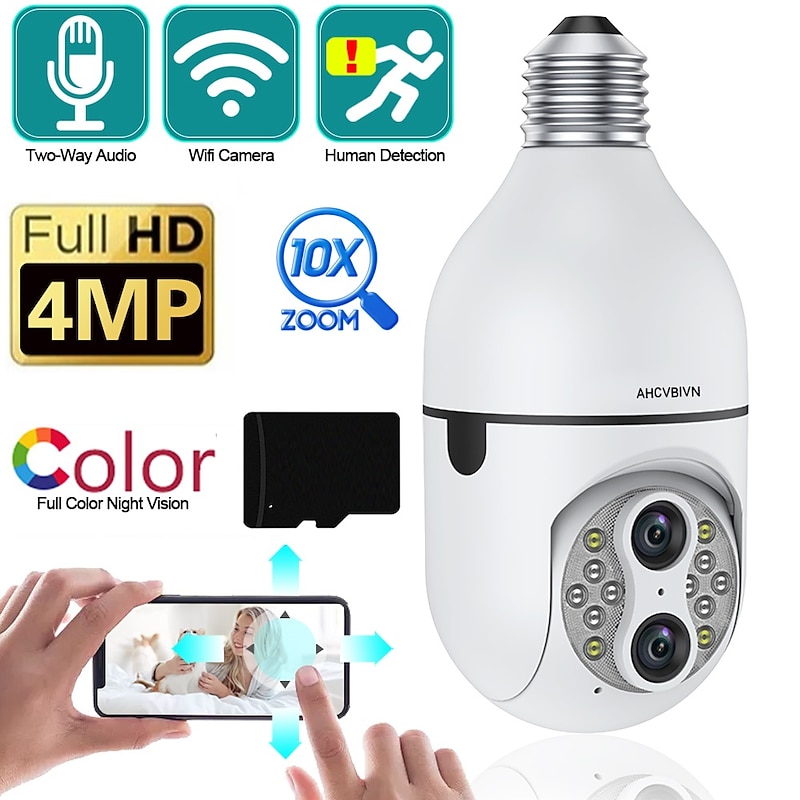Upgraded Dual Lens 10XHybrid Zoom Light Bulb Security Camera WIFI 360 Auto Tracking Security Camera Color Night Vision Siren& Light Alarm PTZ IP Camera For Home Security
