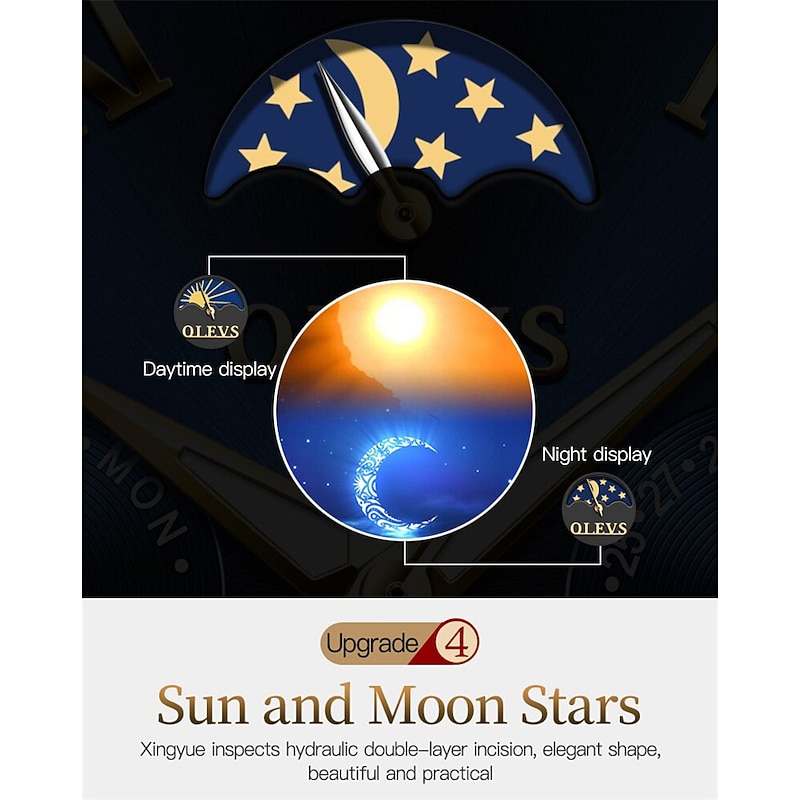 OLEVS Men Mechanical Watch Calendar Luxury Waterproof Fashion Automatic Self-winding Moon phase Luminous Stainless Steel Strap Watch4