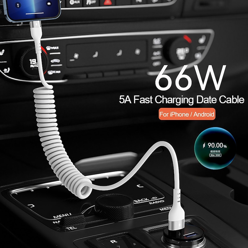 Fast Charging Cable 5A 66W USB Type C Cable 3A Micro USB Spring Car Cable Realme Phone Accessories For iPhone Samsung Xiaomi Huawei Phone Accessory