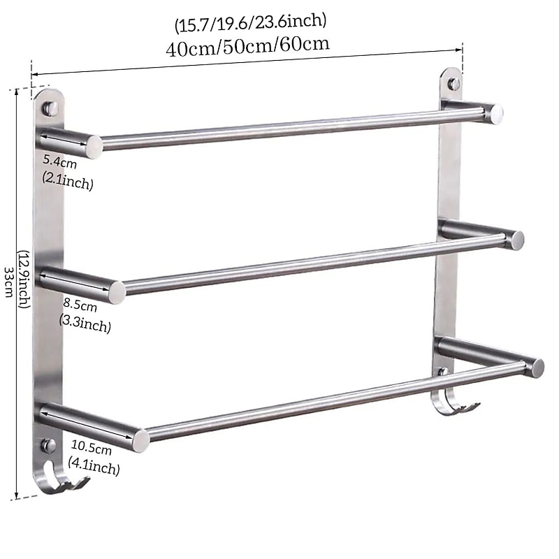 3-Tier Towel Rail with Hooks for Bathroom Wall Mounted Stainless Steel Towel Bar Brushed Nickel Towel Rack Rustproof Towel Bar 40/50/60CM(Silvery)4