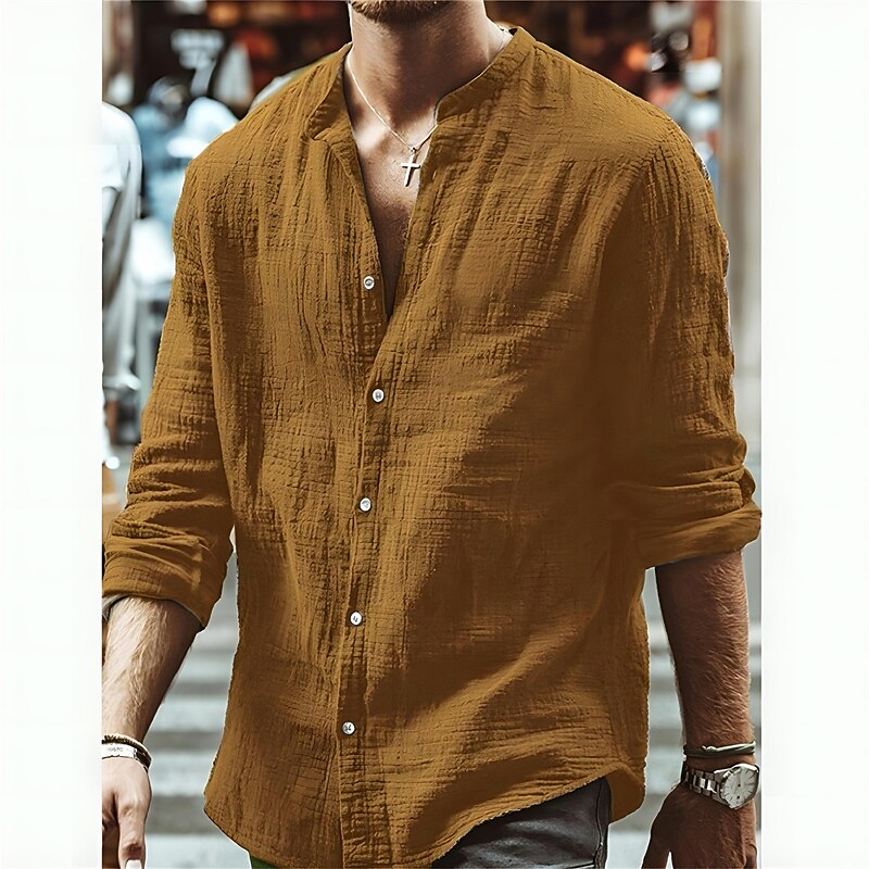 Men's Shirt Summer Shirt Beach Wear Band Collar Shirt Button Up Shirt Solid Color Outdoor Vacation Black Blue Green Long Sleeve Collar Spring Fall Clothing Apparel Button-Down4