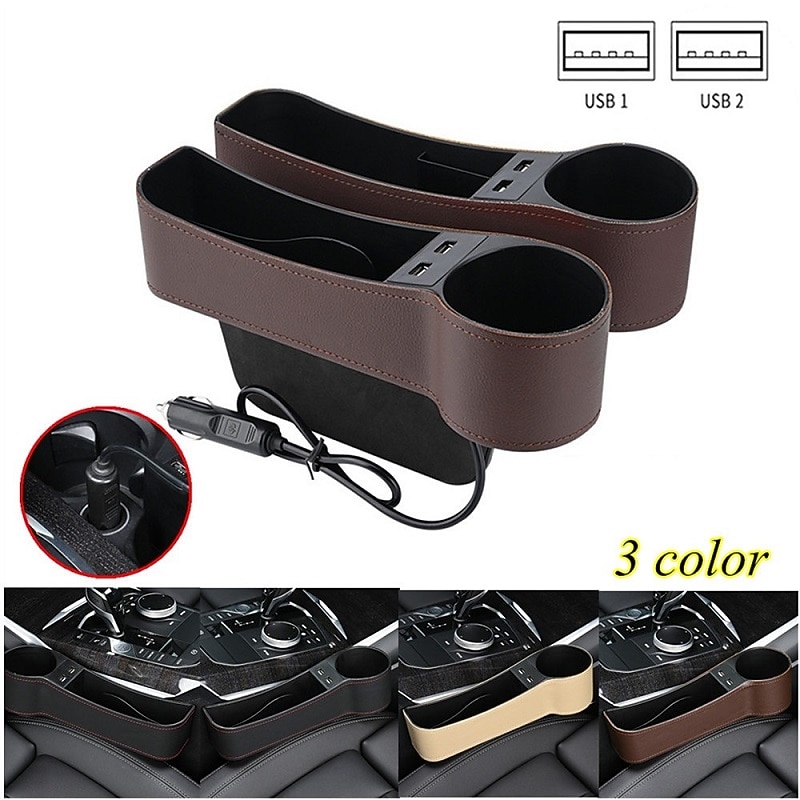 Car Seat Box Organizer Car Console Side Pocket Coin Box and 2 USB Charging Hub for Cellphones