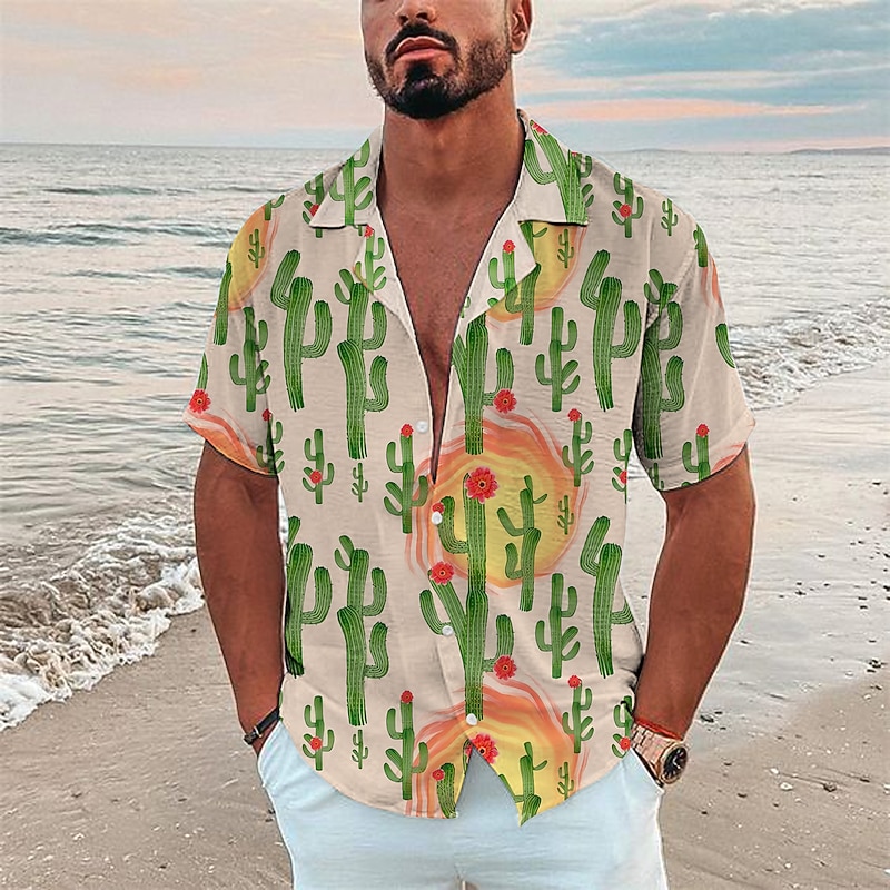 Men's Cactus Tropical Plants Shirt Summer Hawaiian Shirt Aloha Shirt Short Sleeve Shirt Turndown Fashion Designer Casual Outdoor Street Casual White Yellow Orange 3D Print S M L4