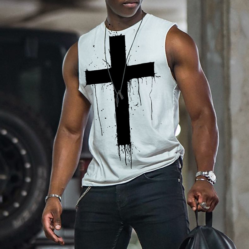 Men's Graphic Cross Vest Top Sleeveless T Shirt for Men Sleeveless Cap Sleeve T shirt 3D Print Crew Neck Shirt Fashion Designer Muscle Daily Sports Running Light Yellow Black White Spring & Summer