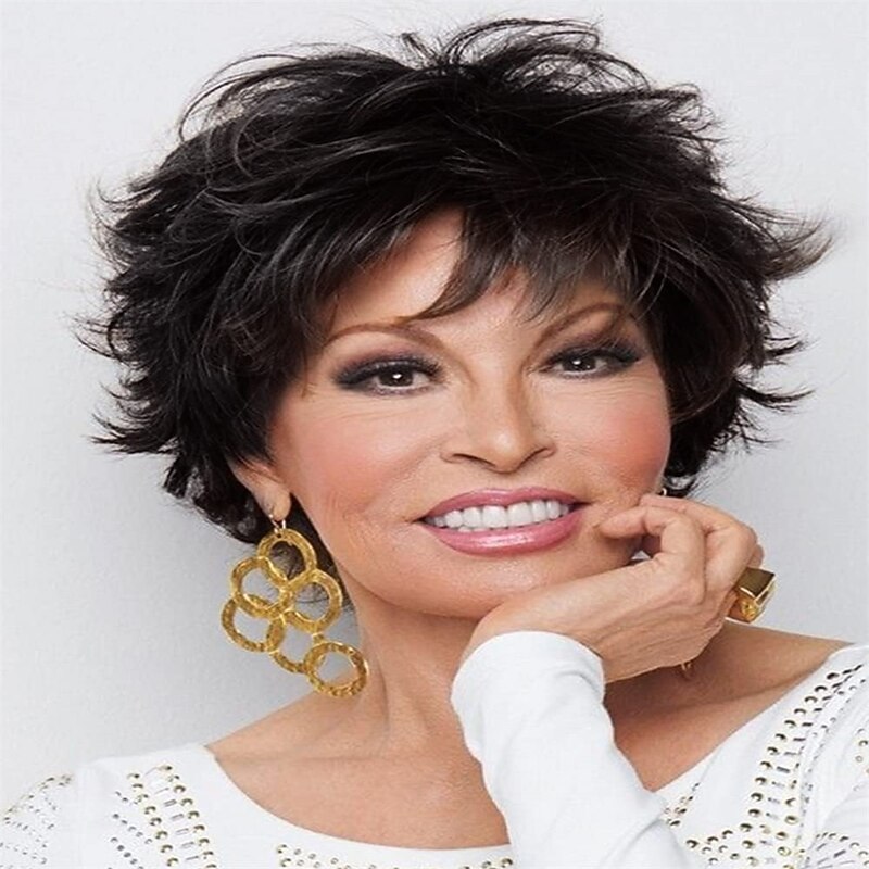 Short Mixed Brown Pixie Cut Wigs for White Women Shaggy Layered Red Brown Curly Wig with Bangs Natural Wavy Synthetic Hair Wig for Daily Party