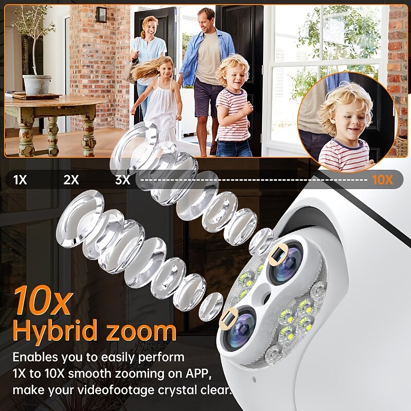 Upgraded Dual Lens 10XHybrid Zoom Light Bulb Security Camera WIFI 360 Auto Tracking Security Camera Color Night Vision Siren& Light Alarm PTZ IP Camera For Home Security2