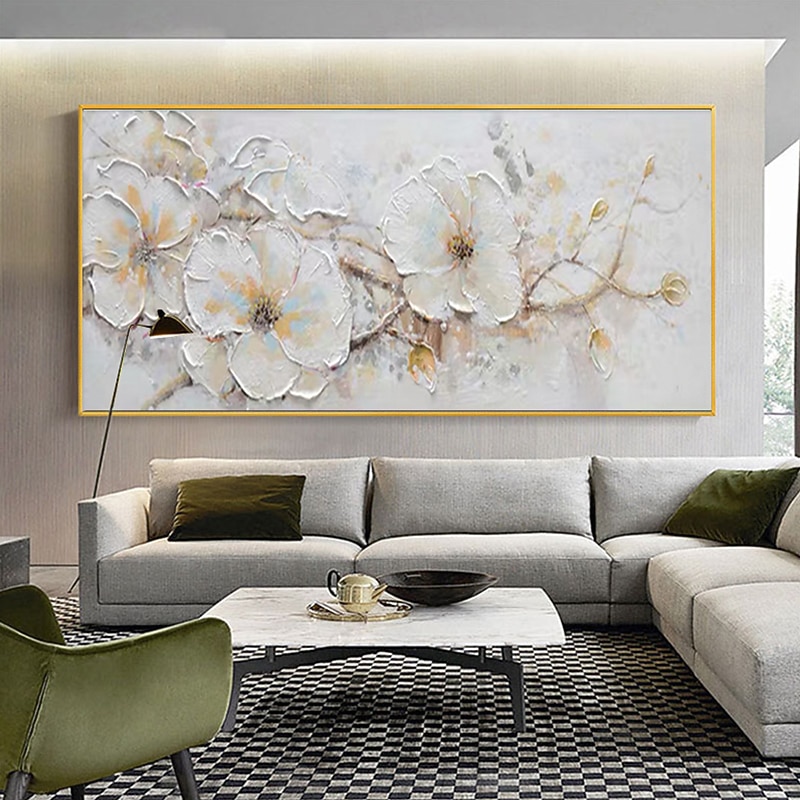 Handmade Oil Painting Canvas Wall Art Decoration Modern Thick Oiled White Flower for Living Room Home Decor Rolled Frameless Unstretched Painting