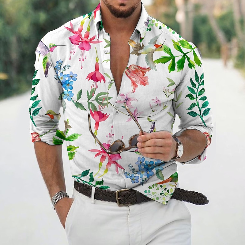 Men's Floral Tropical Flowers Shirt Summer Hawaiian Shirt Aloha Shirt Long Sleeve Shirt Turndown Fashion Designer Casual Vacation Daily Holiday Light Green Light Purple Purple 3D Print S M L3