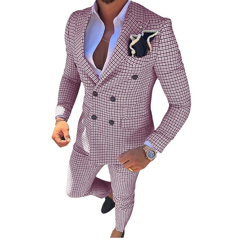 Men's Wedding Suits Closure collar White Pink Checkered Standard Fit 2 Piece Double Breasted Six-buttons3