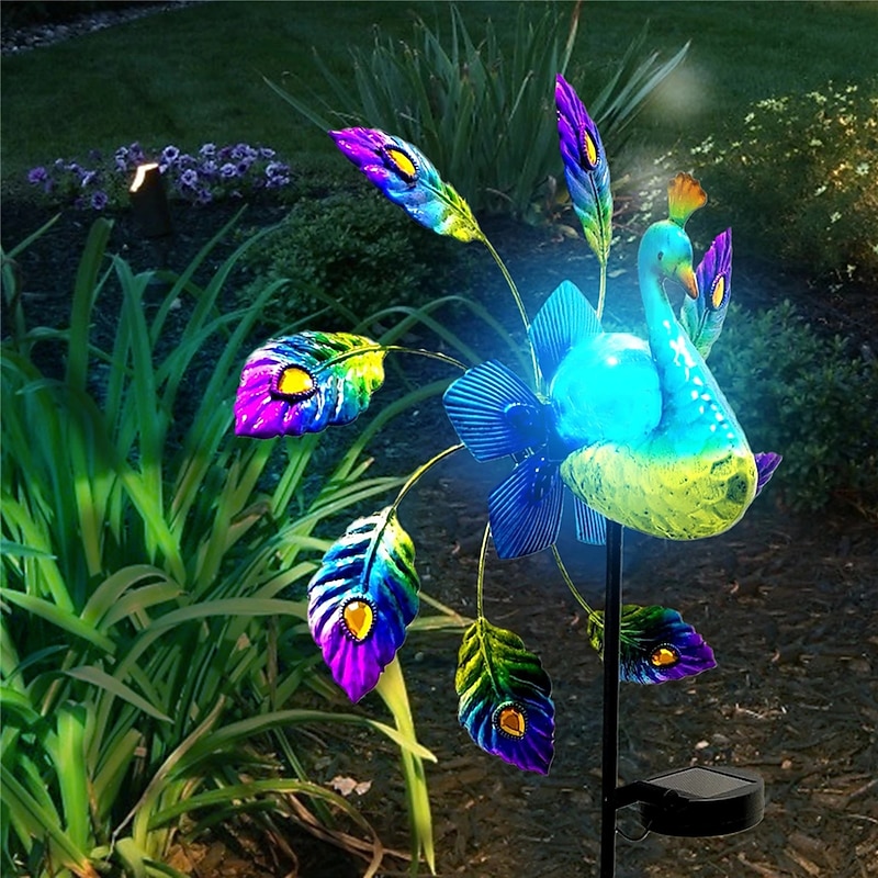 Solar Painted Peacock Garden Lights Metal Peacock Windmill Yard Stakes Outdoor Wind Spinners For Garden Yard Patio Lawn Decor lamp  1PC