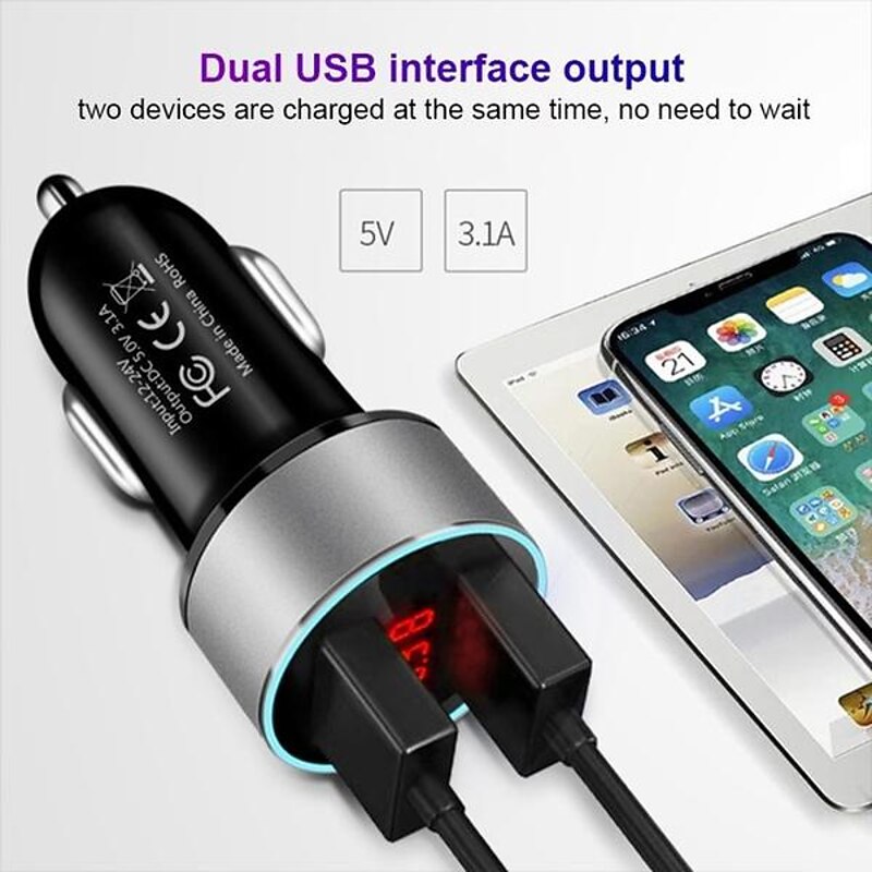 2 Port LCD Display Cigarette Lighter Socket Car Charger Adapter High Quality Dual USB Car Charger 12-24V 3.1A4