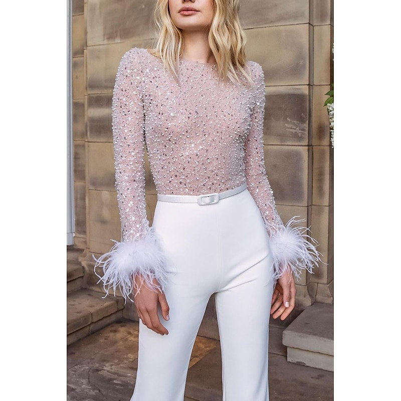 Women's Jumpsuit for Special Occasions Party Solid Color Feather Patchwork Wide Leg Long Sleeve Cocktail Fall Disco3