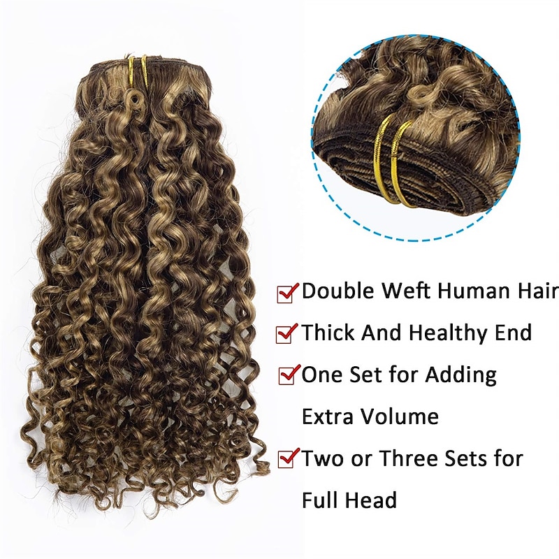 Two Tone Color 14Inch Jerry Curly Clip in Hair Extension Human Hair #4 Dark Brown Color with #27 Strawberry Blonde Color 3B 3C Curly Double Weft with 7pieces 120Grams Per Pack3
