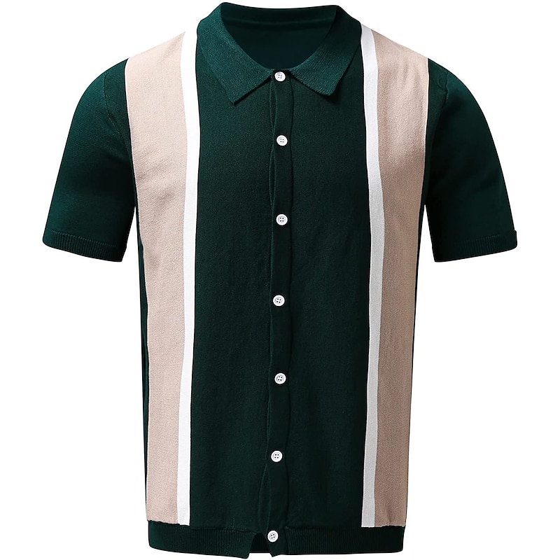 Men's Knit Polo Sweater Polo Shirt Outdoor Street Turndown Button Short Sleeve Casual Old Money Style Striped Button Front Summer Spring Fall Regular Fit Black White Blue Green Black White Knit Polo2