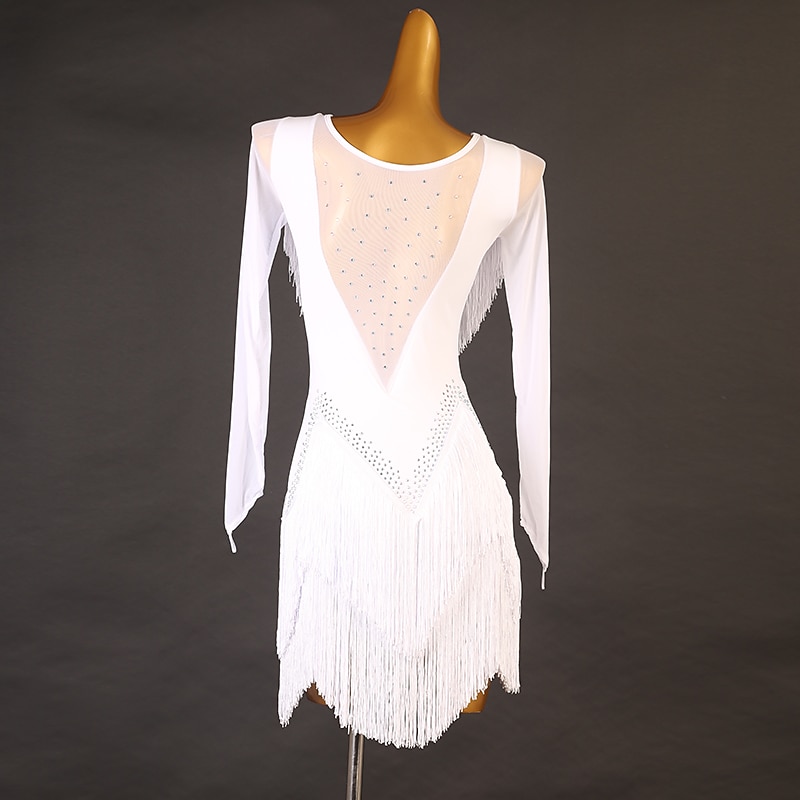 Dance Salsa Latin Dance Dress Rhinestone Fringed Tassel Split Joint Women's Performance Training Long Sleeve High Spandex Tulle4