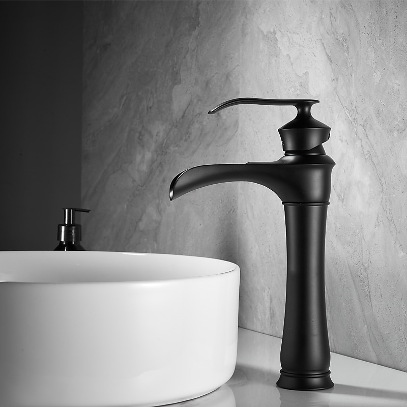 Waterfall Basin Sink Mixer Faucet Black, Tall Bathroom Taps Single Handle One Hole with Hot and Cold Hose Vessel Water Tap Deck Mounted3