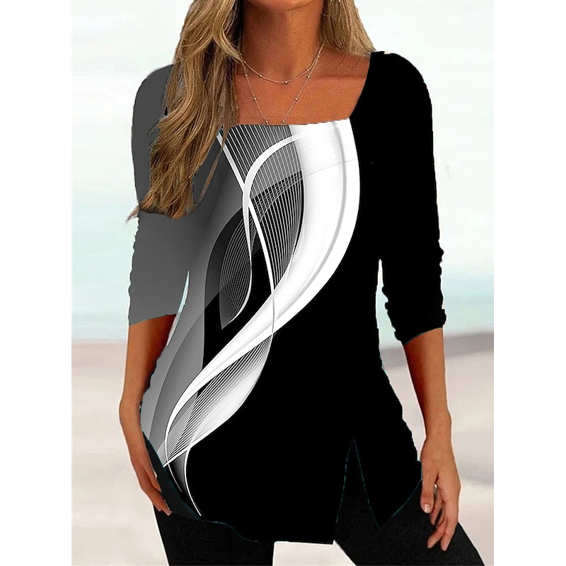 Women's Plus Size T shirt Tee Color Gradient Black Blue Green Print 3/4 Length Sleeve Daily Weekend Basic Square Neck Regular Fit2