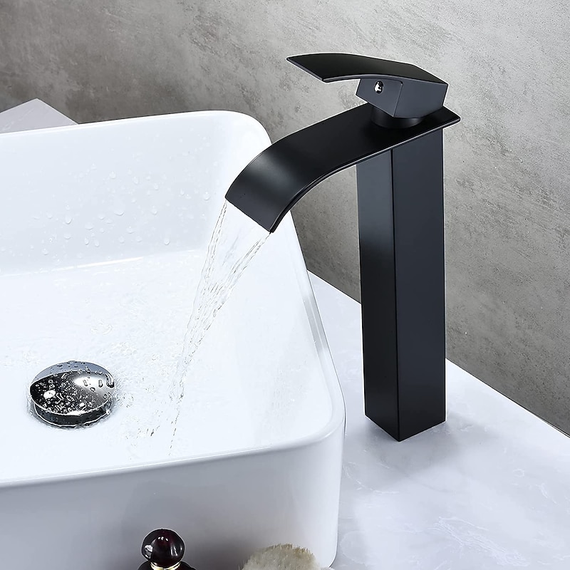 Waterfall Bathroom Sink Mixer Faucet Tall Short, Mono Wash Basin Single Handle Basin Taps, Washroom with Hot and Cold Hose Monobloc Vessel Water Brass Tap Deck Mounted Golden Black3