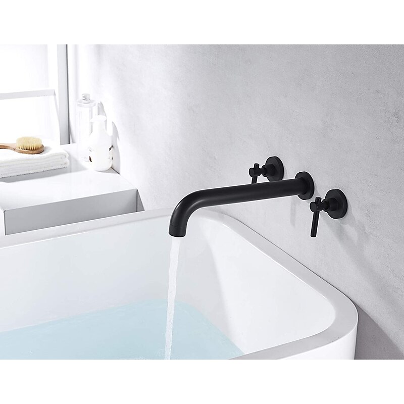 Bathroom Sink Mixer Faucet Wall Mounted, 2 Handle 3 Hole Wash Baxin Brass Taps, Rough in Valve Washroom Basin Tap4