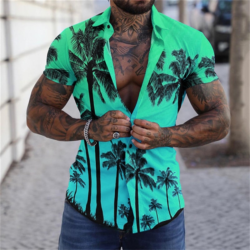 Men's Graphic Palm Tree Tropical Plants Shirt Summer Hawaiian Shirt Aloha Shirt Short Sleeve Shirt Turndown Fashion Designer Casual Street Daily Holiday Sea Blue Yellow Purple 3D Print S M L3