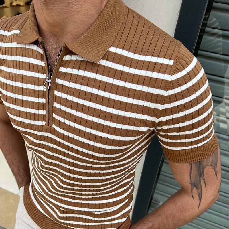 Men's Polo Shirt Golf Shirt Street Casual Zip Quarter Zip Short Sleeve Fashion Designer Striped Zipper Quarter Zip Summer Spring Fall Regular Fit Brown Polo Shirt4