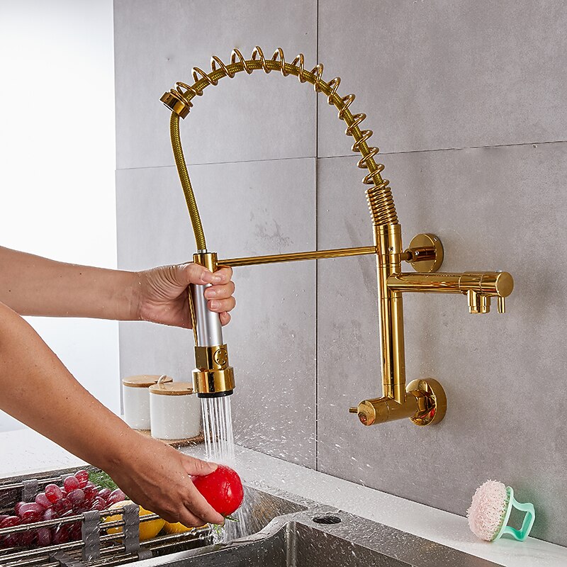 Wall Mounted Kitchen Sink Faucet Only Cold Water Pull Down Sprayer, 360 Swivel Pull Out Kitchen Taps 2 Sprayer Mode Vessel Water Tap Gold Black Chrome 5