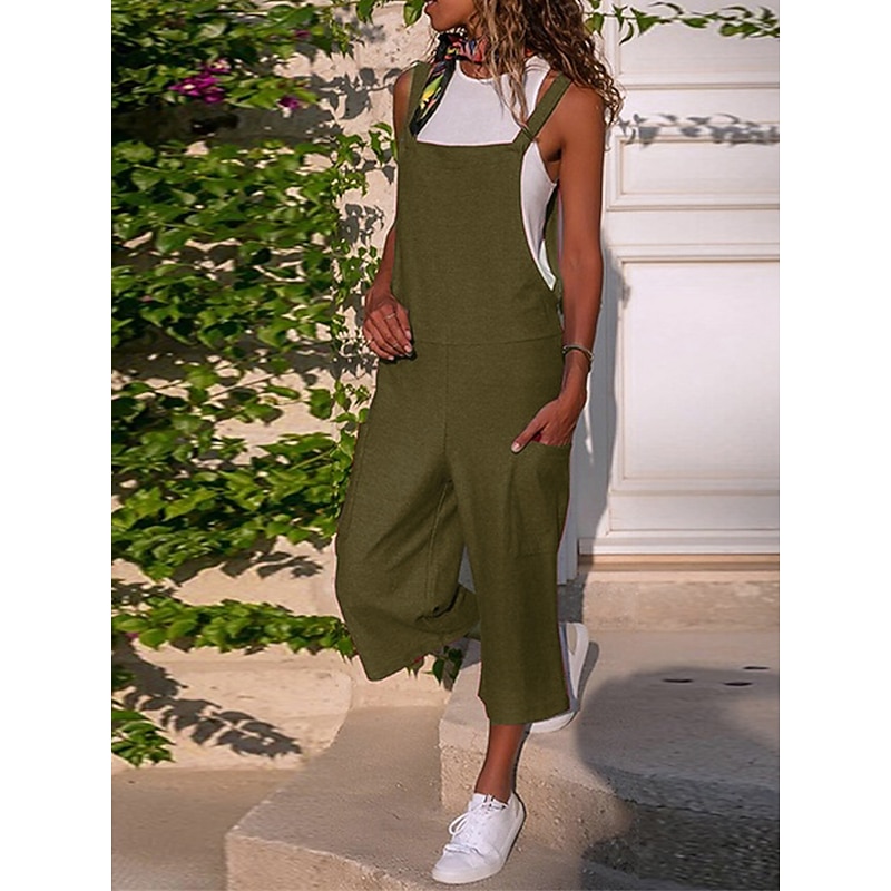 Black Jumpsuit for Women Utility Overall Pocket Solid Color U Neck Streetwear Daily Vacation Regular Fit Strap Wine Army Green S M L Summer Fall2