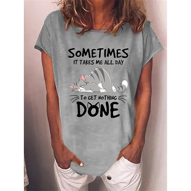 Women's T Shirt Cat Letter Text Basic Short Sleeve Round Neck Regular Tops Daily Weekend Print Black Red Blue Green Gray