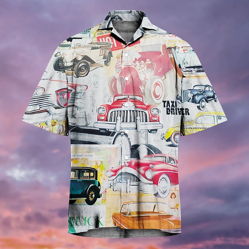 Men's Car Shirt Summer Hawaiian Shirt Aloha Shirt Short Sleeves Shirt Turndown Tropical Fashion Streetwear Street Casual Daily Yellow Pink Red S M L4