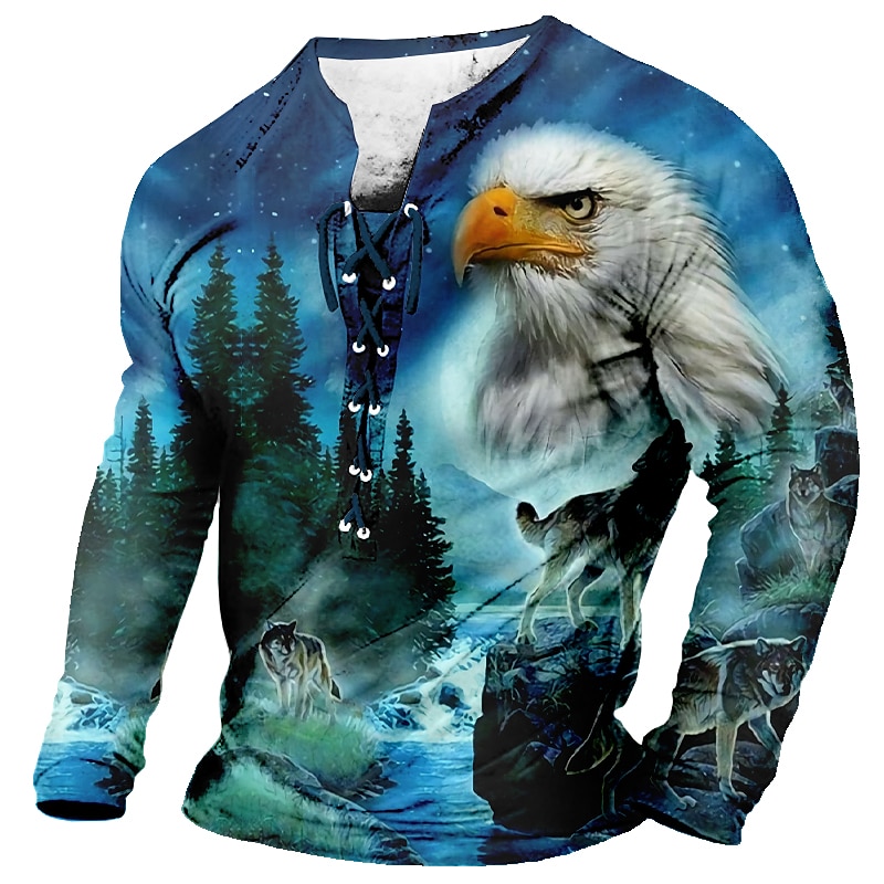 Eagle And Wolves Casual Mens 3D Shirt For | Green Winter Polyester | Men'S Tee Graphic Animal Collar Clothing Apparel 3D Print Daily Long Sleeve Lace Up Fashion Designer