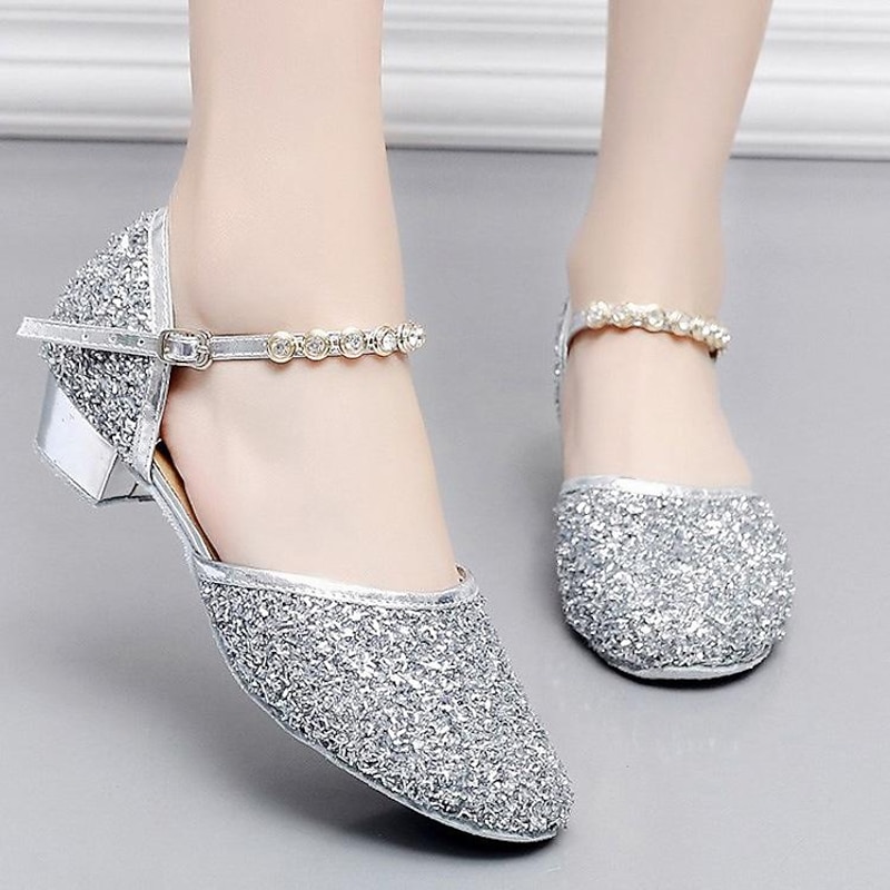 Girls' Glitter Silver Ballroom Dance Shoes – Low Heel Princess Party Shoes with Rhinestone Ankle Strap for Weddings & Performances