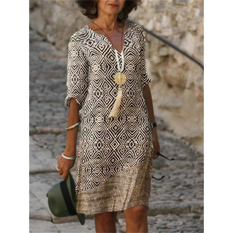 Women's Mini Dress Ethnic Dress T Shirt Dress Tee Dress Shift Dress Summer Dress Fashion Streetwear Ethnic Outdoor Vacation Work Loose Fit Tribal 3/4 Length Sleeve V Neck Khaki Summer Spring