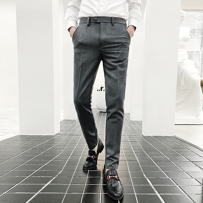 Men's Dress Pants Skinny Trousers Pencil Pants Pocket Plain Breathable Stretch Ankle-Length Wedding Office Business Cotton Chic & Modern Casual Skinny Black Grey Stretchy2